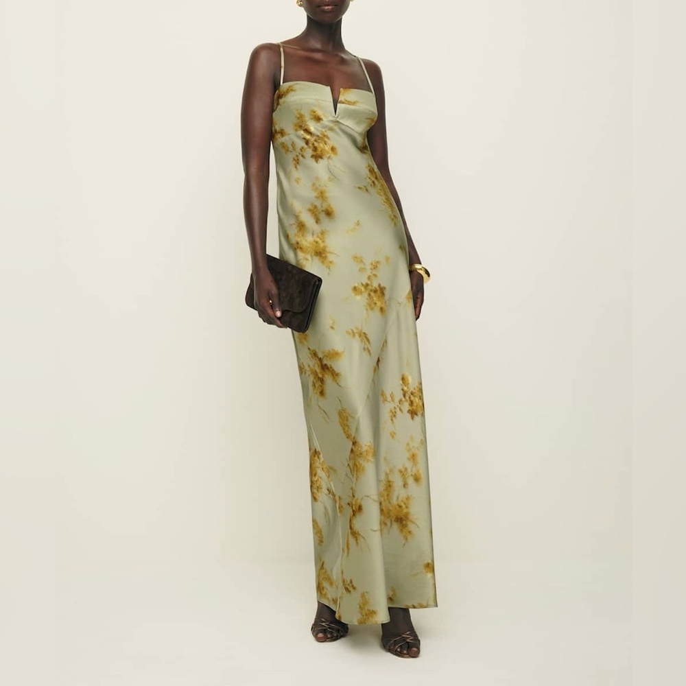 Reformation Green and Gold Floral Dress
